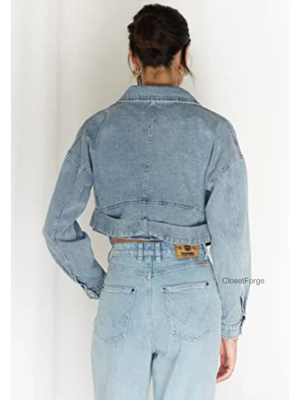 Women's Boyfriend Denim Blazer Jacket with Belt and Zipper Closure